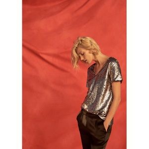 Anthropologie Sequin V-neck Tee Small Silver